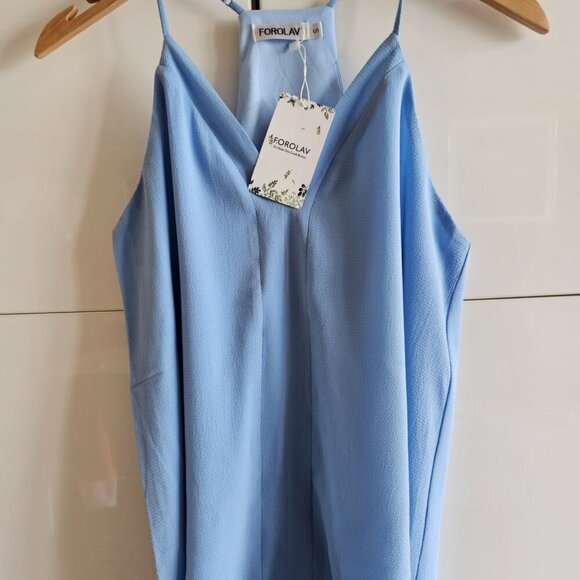 New Baby Blue V Neck Chiffon Tank Top with Adjustable Spaghetti Straps - Picture 2 of 10